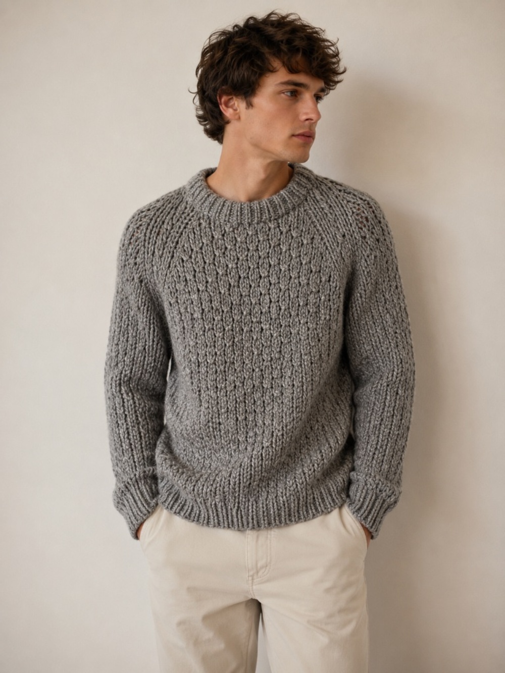 Vintage 80s Greek Knitwear Gray 100% Wool Chunky Cable Knit Sweater Size S/M